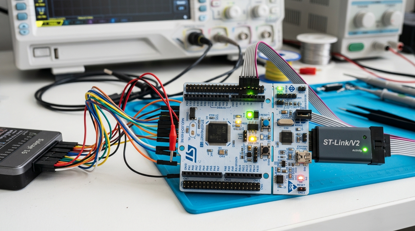 STM32 ARM Cortex-M microcontroller development board connected to debugging hardware and logic analyzer probes