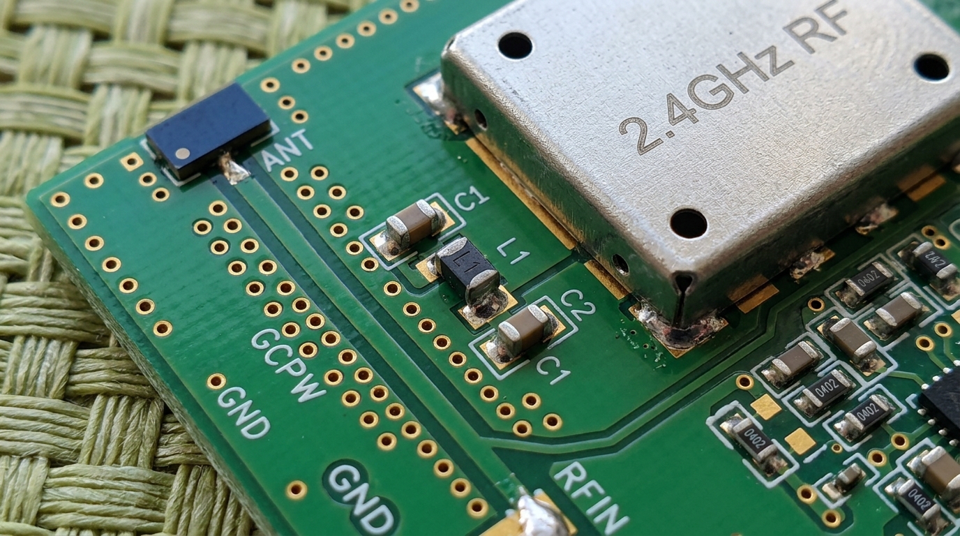2.4GHz grounded coplanar waveguide PCB layout with Pi-network tuning components and ceramic chip antenna clearance zone